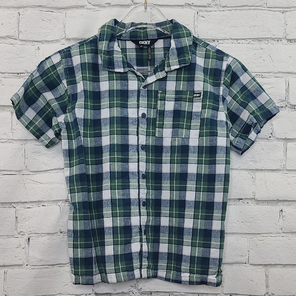 DKNY Boys' Preppy Short Sleeve Plaid Collard Button Up Dress Shirt Green/Blue